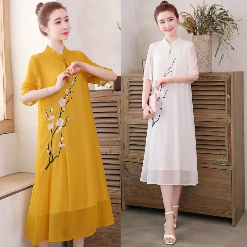 Ao Dai Vietnam Dress - Белый китайский Ципао Cheongsam, традиционный халат